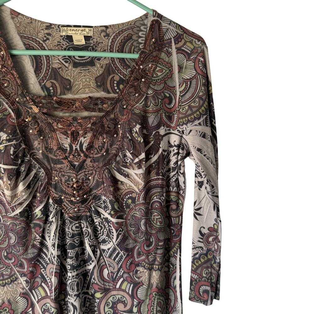 Energie World Tunic Top Y2k Medium Multicolor Paisley Boho Beaded Whimsigoth